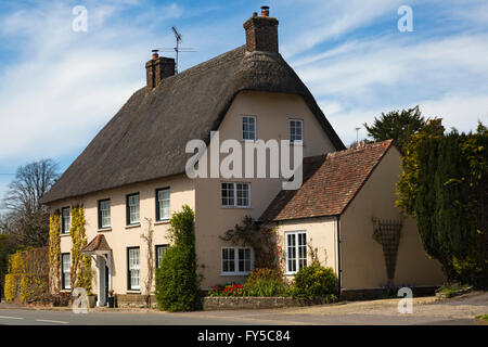 Affascinanti cottage con tetto in paglia in Dorchester Road, Tolpuddle, Dorset nel mese di aprile Foto Stock