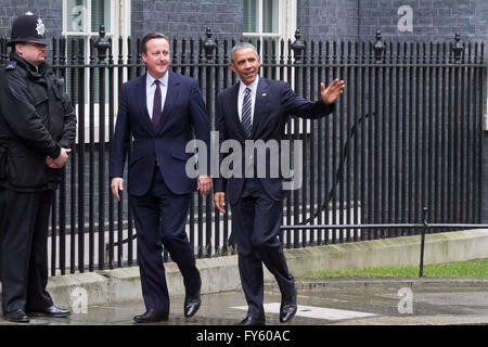 Londra REGNO UNITO. Il 22 aprile 2016. Il Presidente Usa Barack Obama è accolto a Downing Street dal primo britannico David Cameron. Barack Obama che è in visita nel Regno Unito arriva a prestare il suo sostegno politico come parte del rapporto speciale per la Gran Bretagna che soggiornano in Europa Credito: amer ghazzal/Alamy Live News Foto Stock