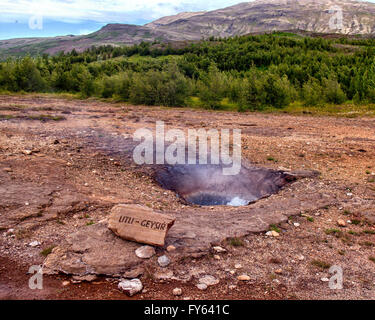 A sud-ovest dell'Islanda, dell'Islanda. Il 4° agosto 2015. Un piccolo geyser, intitolato Litli-Geysir, bolle nel Haukadalur area geotermica, accanto al HvÃ-tÃ¡ River, nel sud-ovest dell'Islanda. La zona è un preferito attrazione popolare in Islanda in cui il turismo è diventato un settore in crescita dell'economia. © Arnold Drapkin/ZUMA filo/Alamy Live News Foto Stock