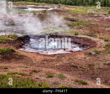 A sud-ovest dell'Islanda, dell'Islanda. Il 4° agosto 2015. Un piccolo geyser bolle prima eruzione nel Haukadalur area geotermica, accanto al HvÃ-tÃ¡ River, nel sud-ovest dell'Islanda. La zona è un preferito attrazione popolare in Islanda in cui il turismo è diventato un settore in crescita dell'economia. © Arnold Drapkin/ZUMA filo/Alamy Live News Foto Stock