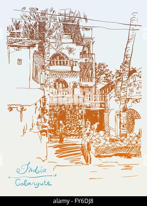 Disegno originale di India Goa Calangute Baga paesaggio street Illustrazione Vettoriale