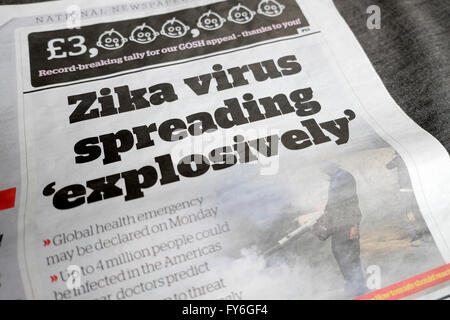 Giornale indipendente front page headline ZIKA DIFFUSIONE DI VIRUS "esplosivo" 29 Gennaio 2016 LONDON REGNO UNITO Foto Stock