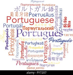 Lingua portoghese in tutte le lingue del mondo. Vettore collage di viaggio. Illustrazione Vettoriale