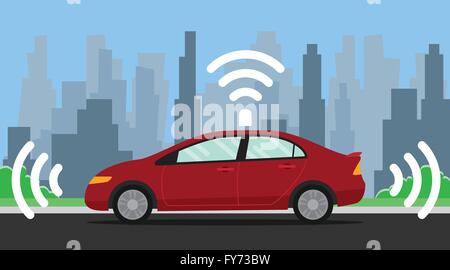 Auto auto pilotaggio illustrazione con colore rosso su strada Illustrazione Vettoriale