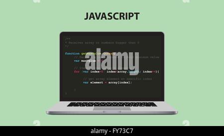 Il linguaggio di programmazione javascript illustrazione con laptop e java codice di script Illustrazione Vettoriale