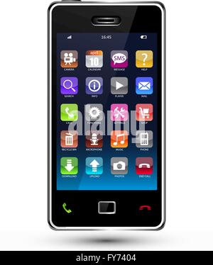 Smartphone touchscreen con coloratissime icone delle applicazioni Illustrazione Vettoriale