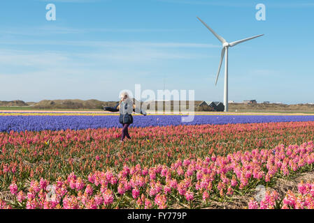 Una giovane ragazza che gioca tra i fiori di primavera in una tipica olandese scena primavera Foto Stock