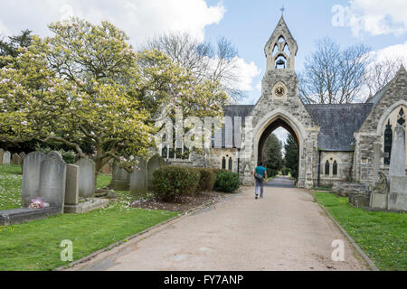 Un uomo cammina tra le magnolie e lapidi del a South Ealing cimitero, London, W5, Regno Unito Foto Stock