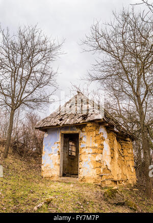 Abbandonato il vecchio e rovinato casa di argilla su una collina circondata da una foresta. Foto Stock