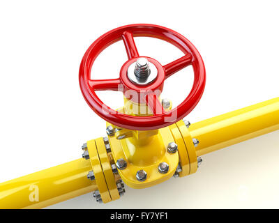 Giallo tubo gas valvole di linea isolato su bianco. Di combustibili e di energia di alimentazione industriali concetto. 3d illustrazione Foto Stock