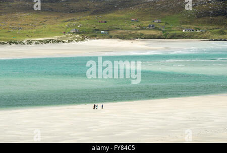 26/05/15. Walkers sul Luskentire spiaggia con Seilebost nella distanza, Isle of Harris Scozia, Regno Unito. Foto Stock