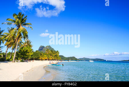 Spiaggia tropicale idilliaco con mentre la sabbia, palme e cielo blu in una giornata di sole, Bora Bora, Polinesia francese nell'Oceano Pacifico Foto Stock