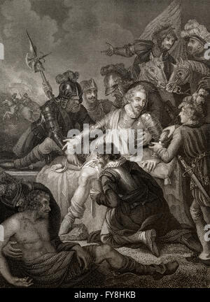 Battaglia di Zutphen, 22 settembre 1586, la morte di Sir Philip Sidney, 1554 - 1586, un statista inglese, soldato e scrittore Foto Stock