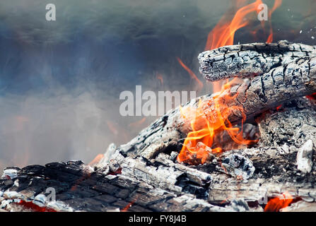 Fiamme di fuoco con luminosi fiamme di fuoco e bianco caldo di cenere dal legno carbonizzati Foto Stock