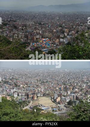 Kathmandu, Nepal. 23 apr, 2016. Combinazione immagine mostra temporanea ricoveri di fortuna dopo il terremoto del 15 maggio 2015 (in alto) e la stessa posizione di Kathmandu, Nepal, il 23 aprile 2016. Credito: Lui Sui Wai/Zhang Jinjia/Xinhua/Alamy Live News Foto Stock