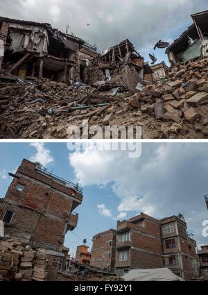 Kathmandu, Nepal. 23 apr, 2016. Combinazione immagine mostra case distrutte dopo il terremoto del 13 maggio 2015 (in alto) e la stessa posizione di Patan, Nepal, il 23 aprile 2016. Credito: Lui Sui Wai/Xinhua/Alamy Live News Foto Stock