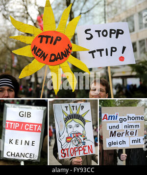 Hannover, Germania. 23 apr, 2016. COMBO - Banner della manifestazione contro il controverso accordo commerciale TTIP leggere 'TTIP no grazie, 'Stop TTIP' (alto) e 'Nessuna chance per TTIP/CETA" (fondo), 'Stop TTIP' e 'Ami per andare a casa e prendere la Merkel con voi!" di Hannover, Germania, 23 aprile 2016. Foto: CHRISTIAN CHARISIUS/dpa/Alamy Live News Foto Stock