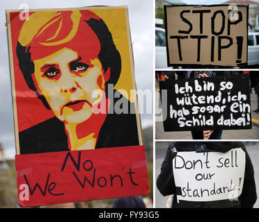 Hannover, Germania. 23 apr, 2016. COMBO - Banner della manifestazione contro il controverso accordo commerciale TTIP mostra Merkel il volto e la lettura 'No noi non' (l) e 'Stop TTIP' (r), "io sono così arrabbiato, ho anche un banner con me!" e "non vendere i nostri standard!' di Hannover, Germania, 23 aprile 2016. Foto: CHRISTIAN CHARISIUS/dpa/Alamy Live News Foto Stock