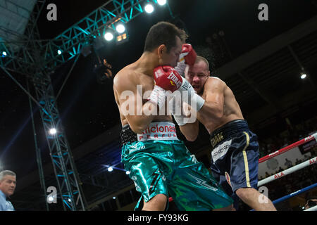 Cebu City, Filippine. 23 apr, 2016. Boxer Filipino-American,Nonito "Flash filippino' Donaire (32 anni) W37 L3-D0) realizzato a difesa del suo mondo Super Peso gallo titolo sconfiggendo il challenger da Ungheria, Zsolt Bedak (32 anni) W25 L2-D0) essendo Bedak buttato giù tre volte prima che la lotta è stata interrotta nel terzo round. Credito: galleria immagini2/Alamy Live News Foto Stock