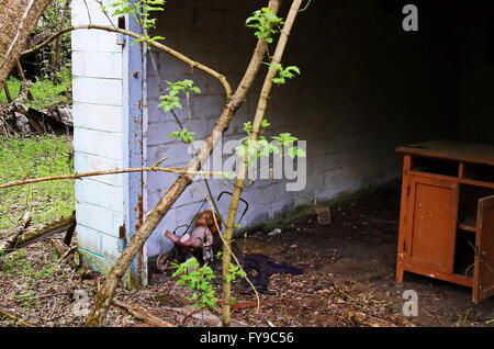 (160424) -- Chernobyl, 24 aprile 2016 (Xinhua) -- Foto scattata il 19 aprile 2016 mostra casa abbandonata di Chernobyl, in Ucraina. Chernobyl, un luogo ricco di terribili ricordi in Ucraina settentrionale, vicino alla Bielorussia, è ora aperto ai turisti, quasi trenta anni alla data dopo una centrale nucleare ci esploso. È stato il peggior incidente nucleare nella storia umana. Un ampio tratto di terra attorno alla pianta è stata designata una zona proibita e la gente comune sono state completamente vietate dall'entrare dopo il disastro si è verificato il 26 aprile 1986. L'incidente rilasciato più di 8 tonnellate di fughe radioattive Foto Stock