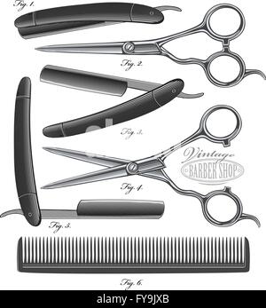 Pettine, forbici e rasoio in vintage stile di incisione Illustrazione Vettoriale