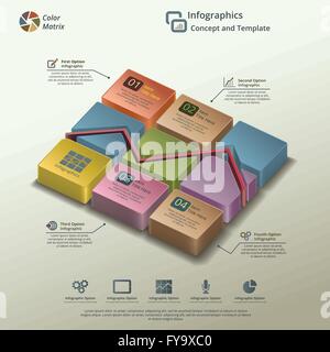 Una infografica concetto sullo sfondo di un grafico a barre 3D realizzato con nove cubetti di colore. Illustrazione Vettoriale