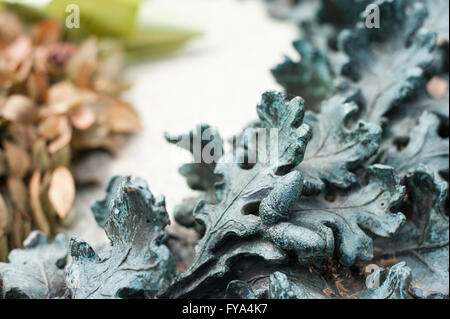 Età verde scuro in bronzo di foglie di quercia dettagli della decorazione Foto Stock