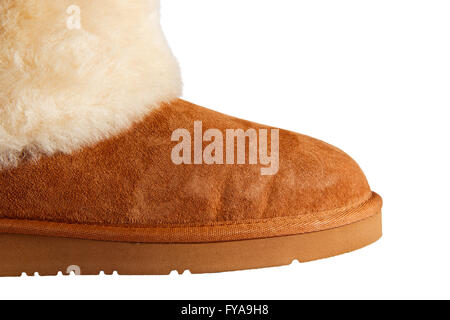 Donna stivali di pelle di pecora isolati su sfondo bianco Foto Stock
