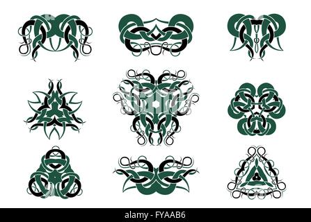 Celtic Knotwork tattoo art, mandala circolare, motivo floreale e barocca e ornamenti Retrò design vettoriali set. Illustrazione Vettoriale