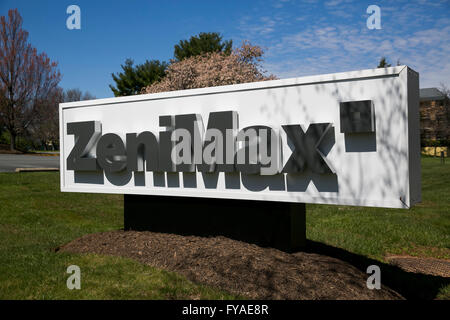 Un logo segno al di fuori della sede di ZeniMax Media, società madre di Bethesda Softworks, in Rockville, Maryland su Aprile Foto Stock