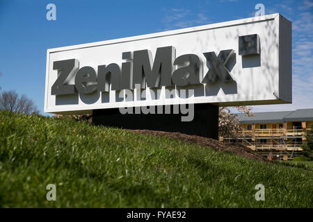 Un logo segno al di fuori della sede di ZeniMax Media, società madre di Bethesda Softworks, in Rockville, Maryland su Aprile Foto Stock