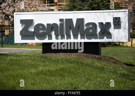 Un logo segno al di fuori della sede di ZeniMax Media, società madre di Bethesda Softworks, in Rockville, Maryland su Aprile Foto Stock