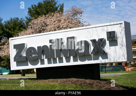 Un logo segno al di fuori della sede di ZeniMax Media, società madre di Bethesda Softworks, in Rockville, Maryland su Aprile Foto Stock