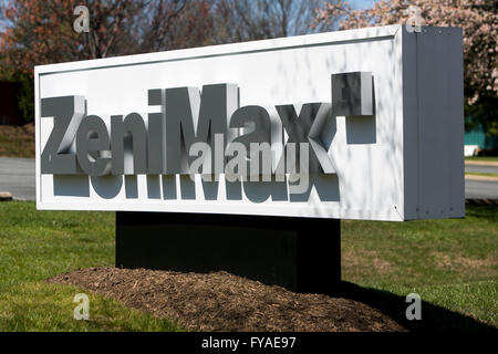 Un logo segno al di fuori della sede di ZeniMax Media, società madre di Bethesda Softworks, in Rockville, Maryland su Aprile Foto Stock