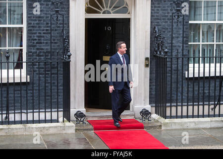 Il primo ministro,David Cameron, sulla soglia del numero 10 di Downing Street in attesa dell'arrivo del Presidente Obama Foto Stock