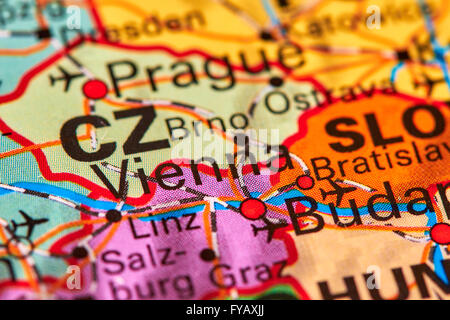 Vienna, la capitale dell'Austria sulla mappa del mondo Foto Stock