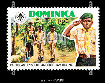Francobollo da Dominica raffiguranti boy scouts, rilasciati per i Caraibi Boy Scout Jamboree in Giamaica, 1977 Foto Stock