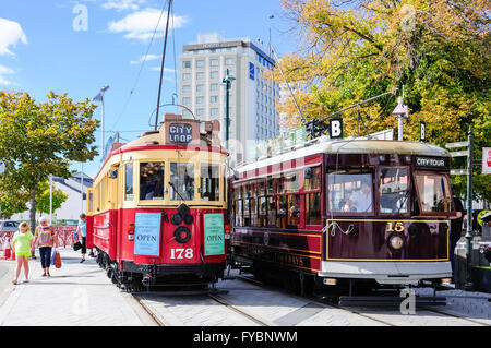 Patrimonio Culturale di Christchurch tram, la piazza della cattedrale, Christchurch, regione di Canterbury, Isola del Sud, Nuova Zelanda Foto Stock