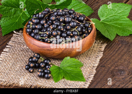 Tazza di ribes nero con foglie verdi su sfondo di tela Foto Stock