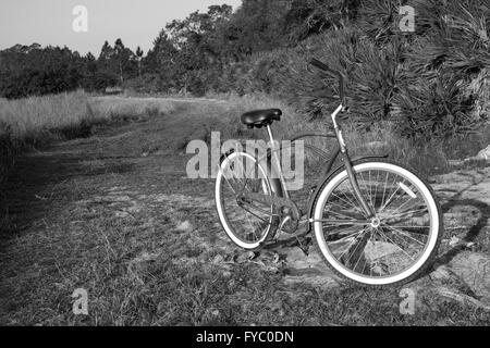 In stile classico American Cruiser bike parcheggiata su un vicolo del paese, Aprile 2016 Foto Stock