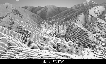 3D illustrazione di montagna modello topografico monocromatico Foto Stock