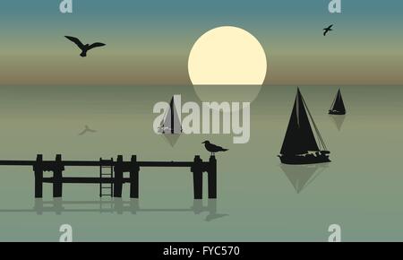 Silhouette della nave e uccello Illustrazione Vettoriale