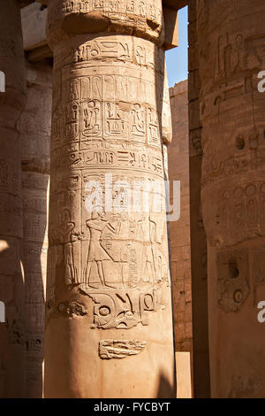 Dettaglio immagine di sculture in geroglifico sulle colonne del tempio di Karnak. Lyxor, Egitto. Foto Stock