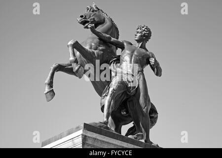 Statua in bronzo del cavallo tamer situato vicino al parlamento austriaco edificio in Vienna. Essa è stata progettata e realizzata da J. Lax in Foto Stock