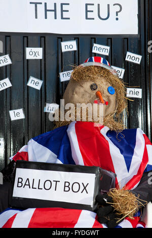 Wray, Lancashire, Regno Unito. Xxv Aprile, 2016. Sondaggio Brexit, Lancashire, Regno Unito. Xxv Aprile 2016. I visitatori di The scarecrow festival è stato chiesto di votare " sì " o " No " di soggiornare in uno stato membro dell'UE. Il Obama effetto era evidente nei risultati con 64 " sì " a 30 'No' voti il sabato e 101 " sì " a 66 'No' voti di domenica. Il "tessuto piquet Poll' ha parlato e la sua definitiva di un "sì!" Credito: Cernan Elias/Alamy Live News Foto Stock