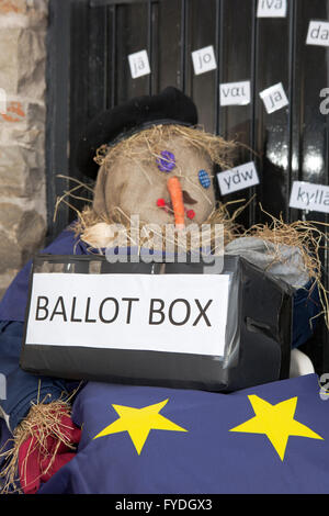 Wray, Lancashire, Regno Unito. Xxv Aprile, 2016. Sondaggio Brexit, Lancashire, Regno Unito. Xxv Aprile 2016. I visitatori di The scarecrow festival è stato chiesto di votare " sì " o " No " di soggiornare in uno stato membro dell'UE. Il Obama effetto era evidente nei risultati con 64 " sì " a 30 'No' voti il sabato e 101 " sì " a 66 'No' voti di domenica. Il "tessuto piquet Poll' ha parlato e la sua definitiva di un "sì!" Credito: Cernan Elias/Alamy Live News Foto Stock