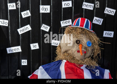 Wray, Lancashire, Regno Unito. Xxv Aprile, 2016. Wray annuali di Spaventapasseri Festival. Un 'stessuto piquet poll' dei visitatori di Wray durante il fine settimana ha portato a due risultati a favore di rimanere! Questo totalmente lo studio scientifico ha fornito risultati di sabato di 64 a 30 a favore, e domenica 101 a 66 a favore, con no non lo sa! La forza di persuasione del Presidente Obama ha, apparentemente, ha avuto una diretta e quantificabile sui residenti locali e turisti nel villaggio di Lancashire. Credito: Cernan Elias/Alamy Live News Foto Stock