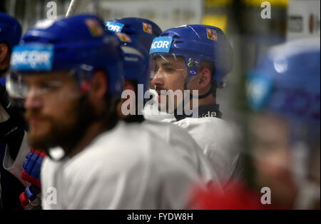 Znojmo, Repubblica Ceca. 26 apr, 2016. Michal Jordan (sinistra) e Tomas Plekanec (a destra) durante la Czech National Hockey su ghiaccio allenamento della squadra in Znojmo, Repubblica ceca, 26 aprile 2016. Giocatori cechi preparare per i Campionati Mondiali di Hockey su ghiaccio della Russia. © Lubos Pavlicek/CTK foto/Alamy Live News Foto Stock