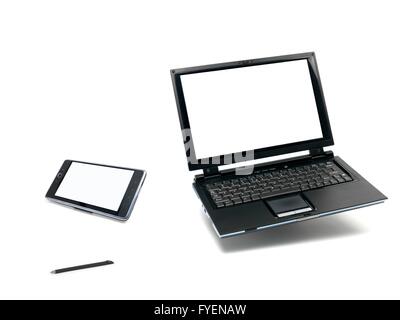 Un computer portatile e un dispositivo pda isolata contro uno sfondo bianco Foto Stock