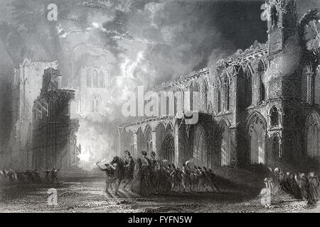 Elgin Cathedral, i danni di un incendio nel 1390, Elgin, murene, a nord-est della Scozia Foto Stock